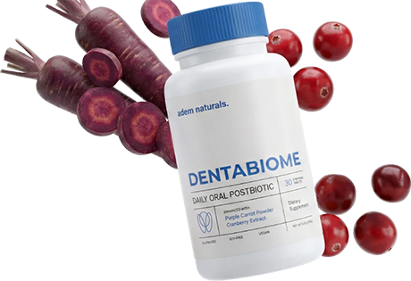 DentaBiome daily oral postbiotic chewable tablets bottle with purple carrots and cranberries